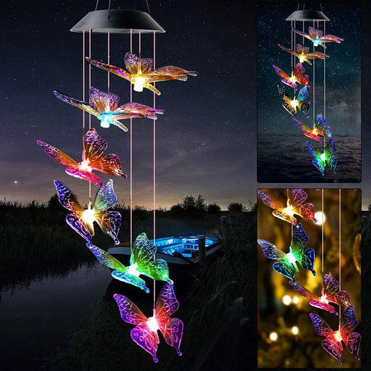 Butterfly Solar Wind Chime Light 120mAh Multicolor Light Waterproof Chandelier with Bell for Garden Home Yard Lawn Decoration