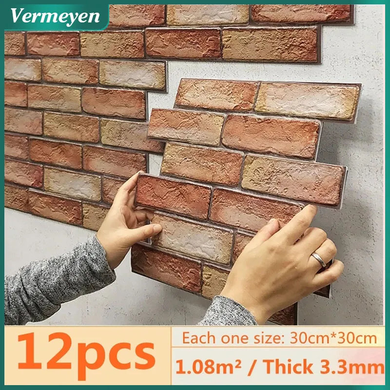 12pcs 3D Brick Wall Sticker Self-Adhesive PVC Wallpaper Home Wall Decor