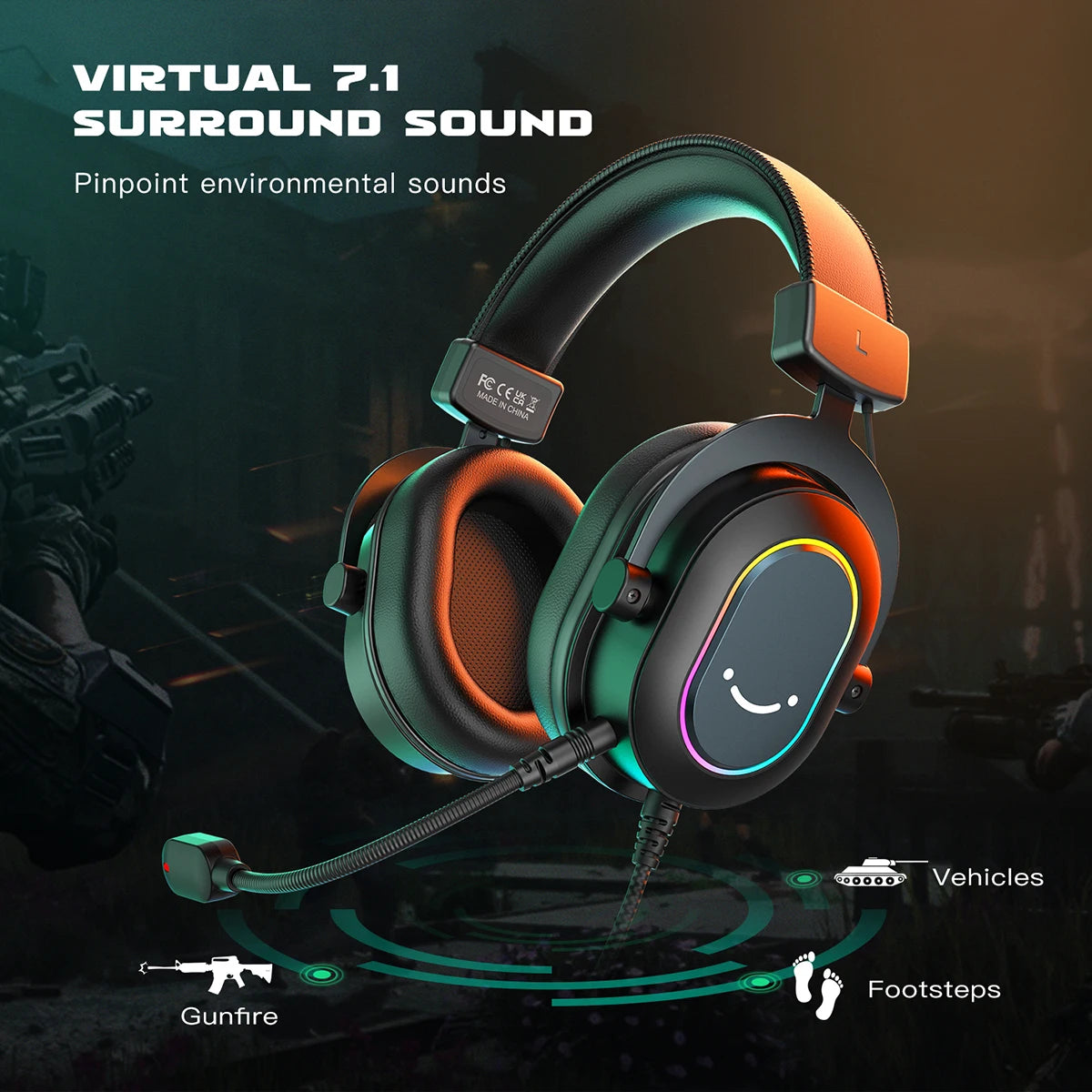 Fifine Dynamic RGB Gaming Headset with Mic Over-Ear Headphones 7.1 Surround Sound PC PS4 PS5 3 EQ