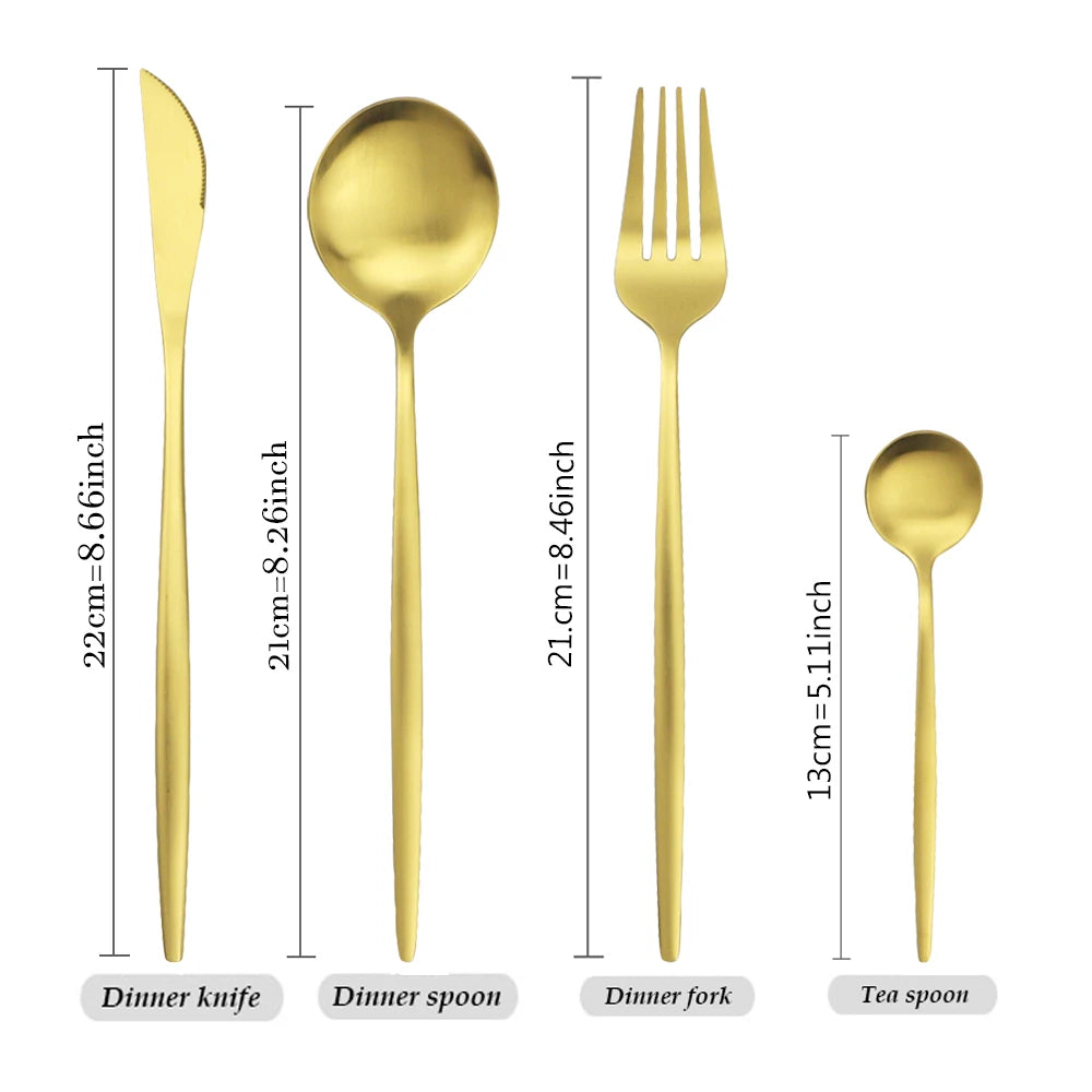 16Pcs Gold Matte Cutlery Set Knife Fork Spoons Dinnerware Set Stainless Steel