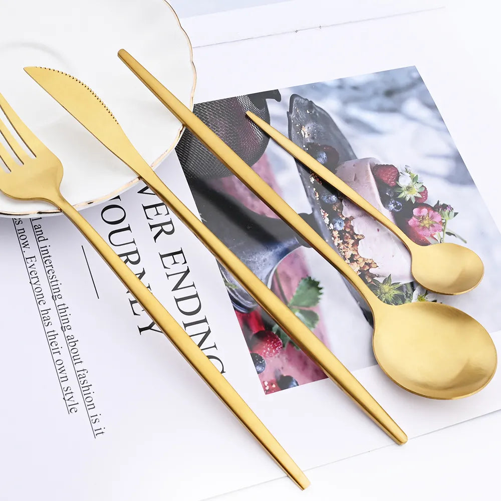 16Pcs Gold Matte Cutlery Set Knife Fork Spoons Dinnerware Set Stainless Steel