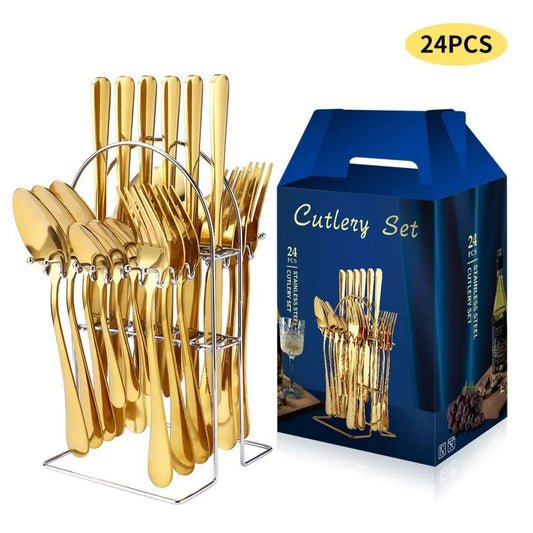 24pcs/Set Stainless Steel Cutlery Set with Holder & Gift Box