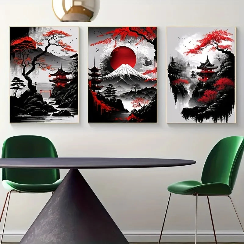 3pcs Frameless Japanese Natural Landscape Canvas Painting Black And Red Posters Vintage Ink Art Wall