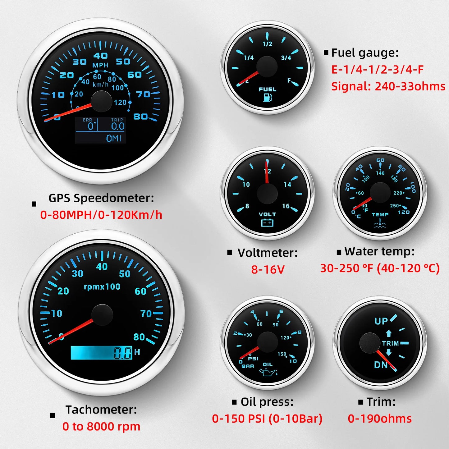 7 Gauge Set with Senders 85mm GPS Speedometer 0-80MPH Tachometer Water Temp Oil Pressure Fuel Voltmeter Trim Gauge for Boat Car