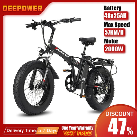 DEEPOWER 2000W Adults Electric Bike Bicycle 1000W 48V 12.8AH 20 Inch Off-Road Tire Folding Electric E Bikes Mountain Ebike