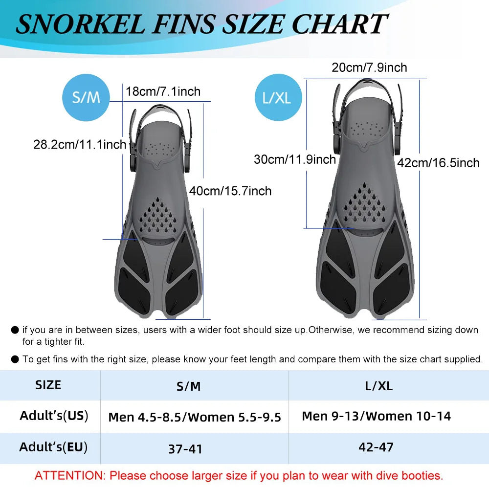 Snorkel Fins Adjustable Buckles Swimming Flippers Short Silicone Scuba Diving Shoes Open Heel