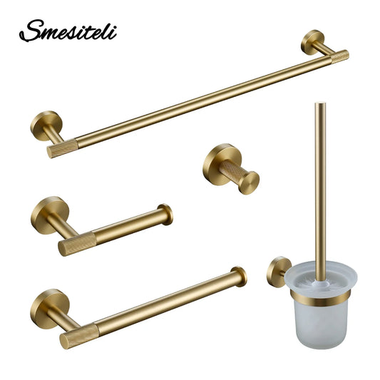 Brushed Gold Bathroom Accessories Towel Bar Bath Robe Hook Brass Knurled Bathroom Hardware Set Shelf for Towels Paper Tissue Hol