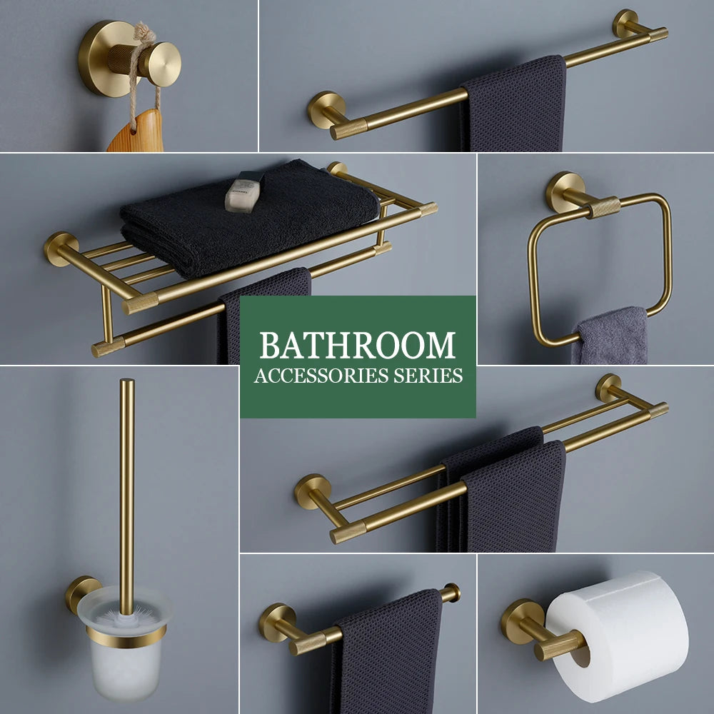 Brushed Gold Bathroom Accessories Towel Bar Bath Robe Hook Brass Knurled Bathroom Hardware Set Shelf for Towels Paper Tissue Hol