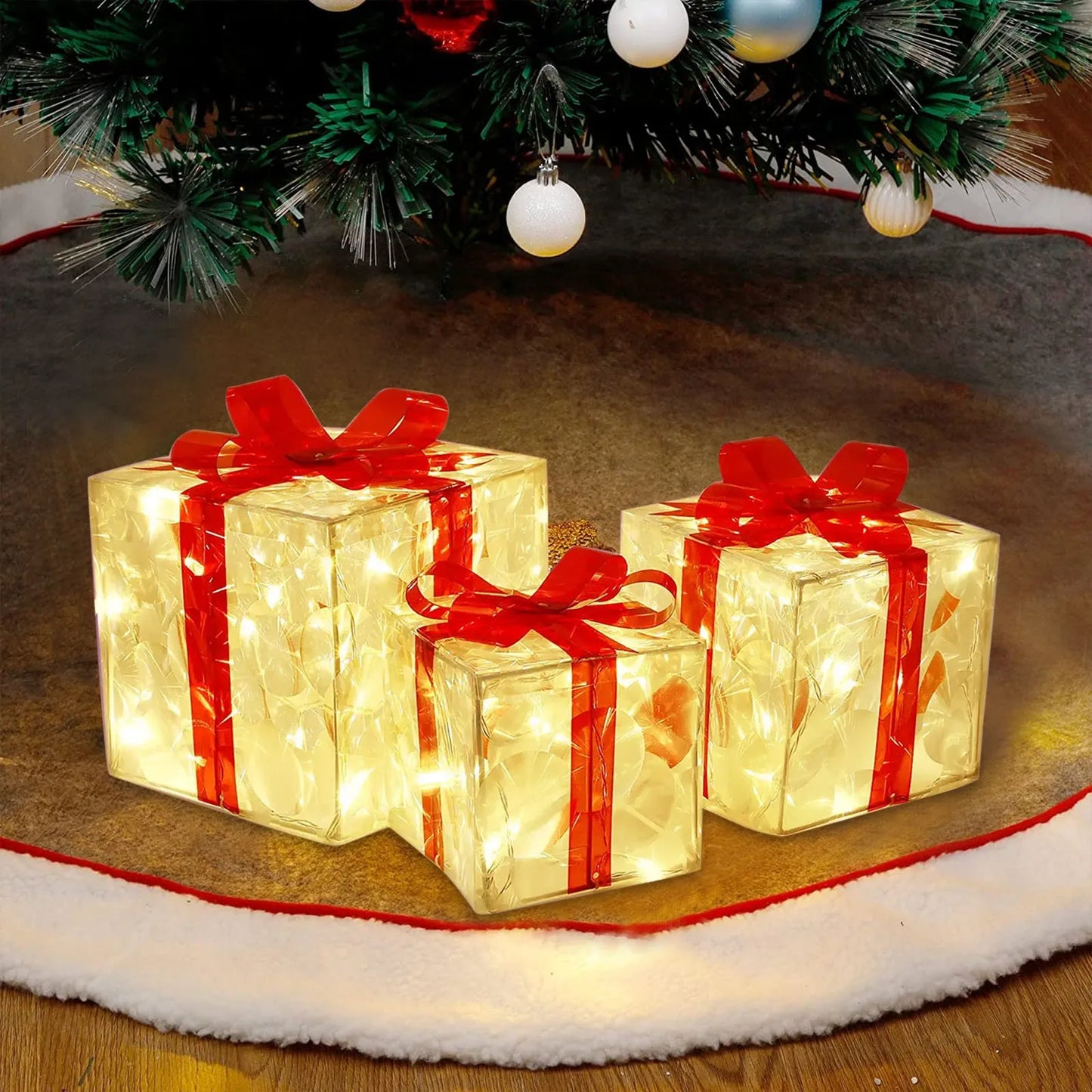 Christmas Glowing Decoration Gift Box Ornament With Bow New Year 2024