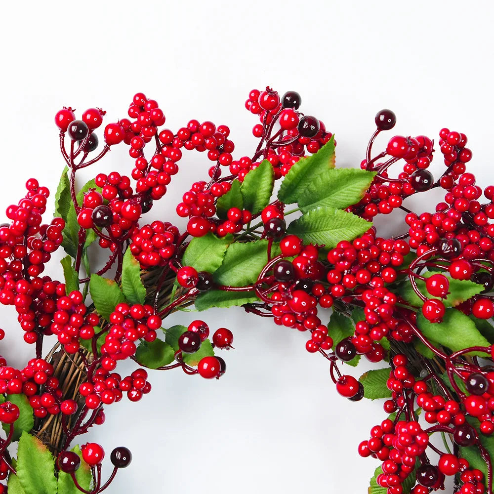 Yannew Christmas Red Berry Wreath for Front Door Outside Home Wall Decor