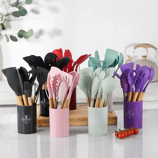 12Pcs Silicone Kitchenware Utensils Cooking Tool Wood Handel