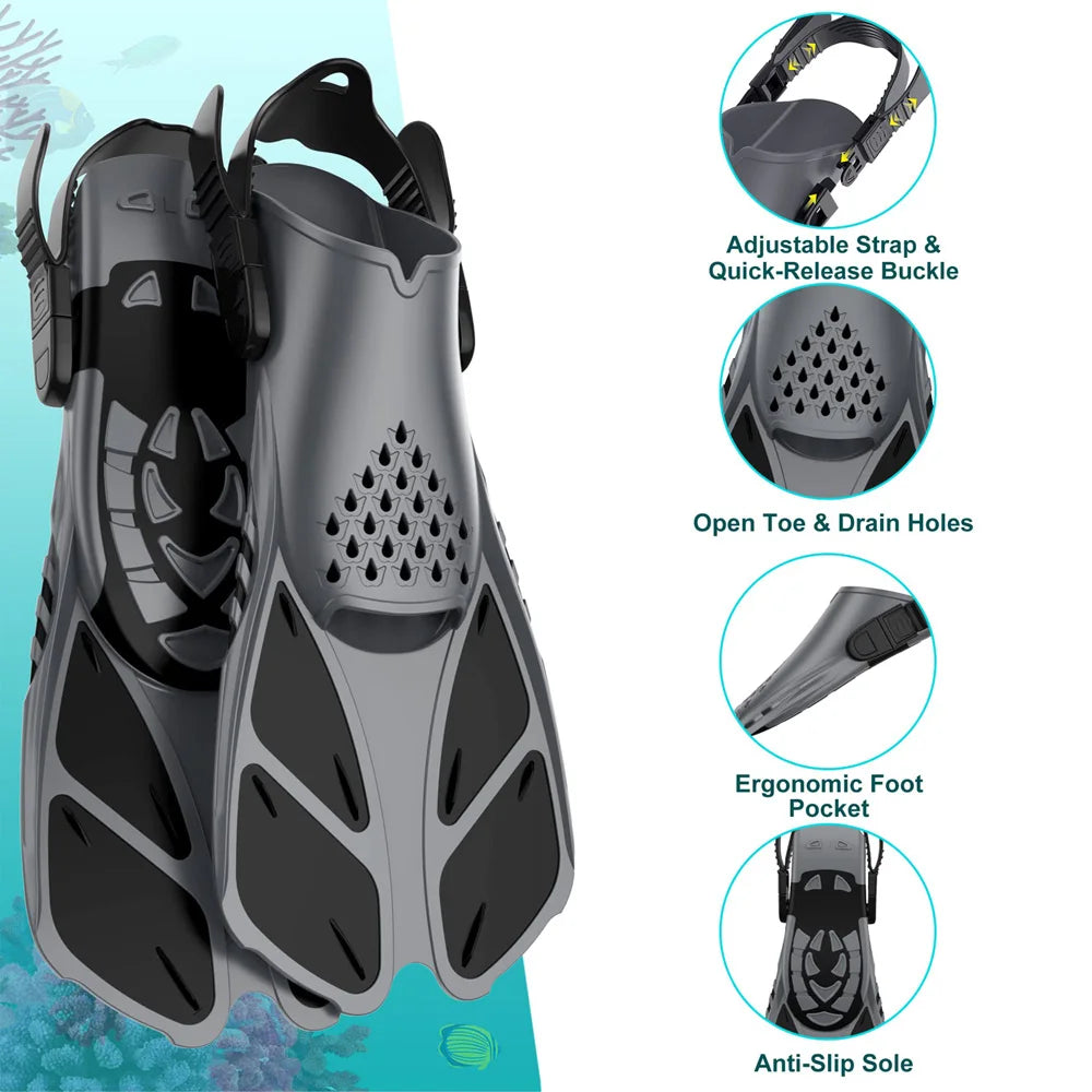 Snorkel Fins Adjustable Buckles Swimming Flippers Short Silicone Scuba Diving Shoes Open Heel