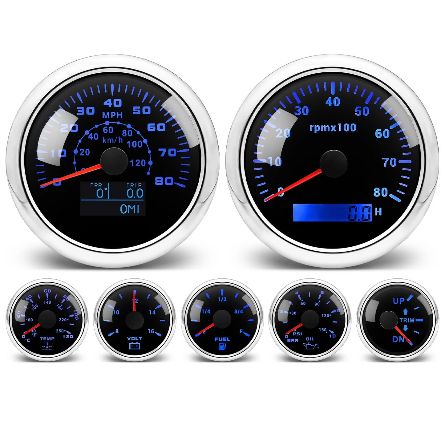 7 Gauge Set with Senders 85mm GPS Speedometer 0-80MPH Tachometer Water Temp Oil Pressure Fuel Voltmeter Trim Gauge for Boat Car