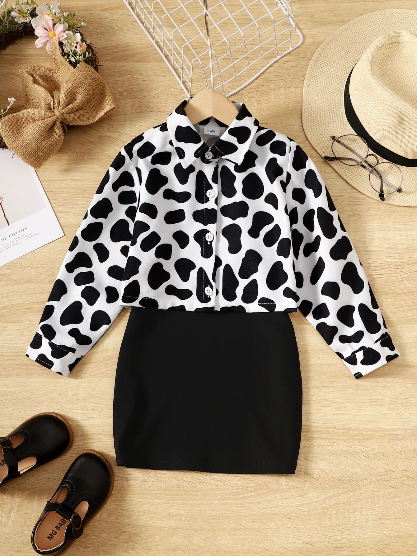 1-8 Years Kid Girl 2PCS Clothing Set Black Slip Dress Cow Print Long Sleeve Coat Fashion