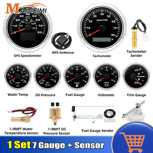 7 Gauge Set with Senders 85mm GPS Speedometer 0-80MPH Tachometer Water Temp Oil Pressure Fuel Voltmeter Trim Gauge for Boat Car