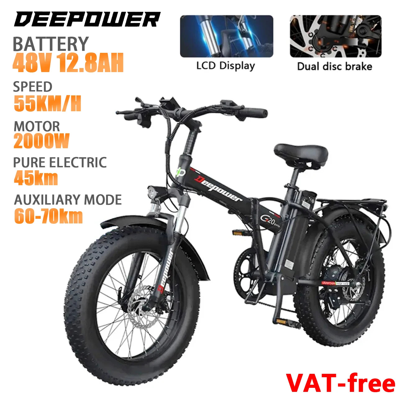 DEEPOWER 2000W Adults Electric Bike Bicycle 1000W 48V 12.8AH 20 Inch Off-Road Tire Folding Electric E Bikes Mountain Ebike