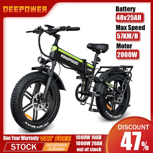 DEEPOWER 2000W Adults Electric Bike Bicycle 48V 25AH 20 Inch Fat Tire Folding Electric E Bikes Mountain Oil Brake 1000W Ebike