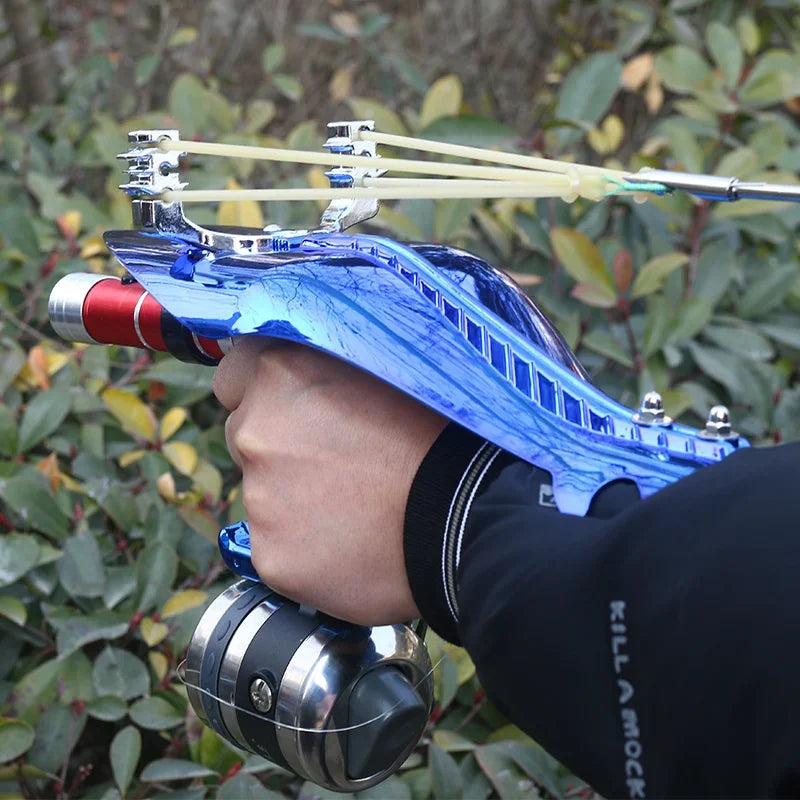 Fishing Set Slingshot Metal Bow Head Green Laser Sight Catapult with Fish Reels for Outdoor Hunting