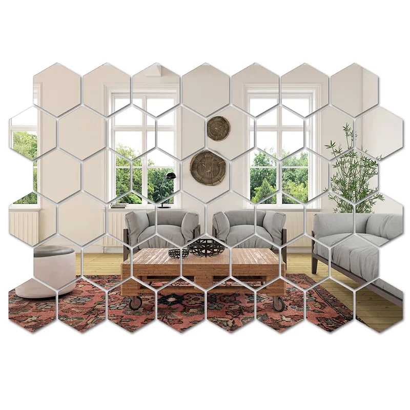 45pcs Mirror Wall Sticker, Hexagon Wall Art Sticker, DIY Household Decorative Tiles Sticker