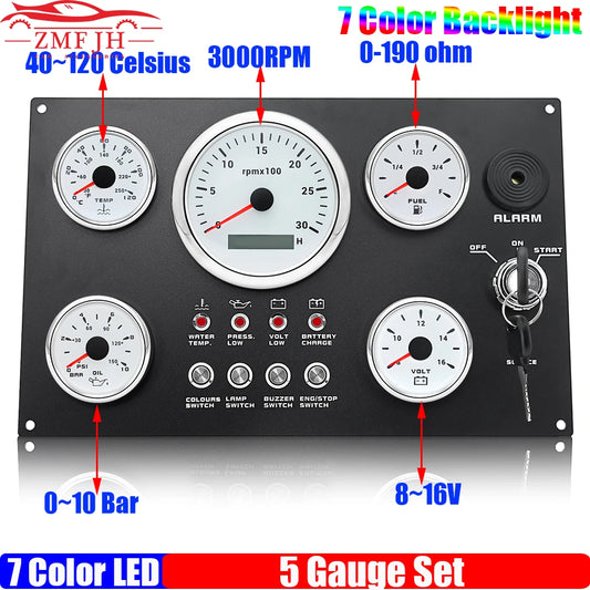 Engine Dash Instrument Panel 5 Gauge Set 7 Color LED 85mm Tachometer 52mm Fuel Level Oil Pressure Water Temp Voltage for RV Boat