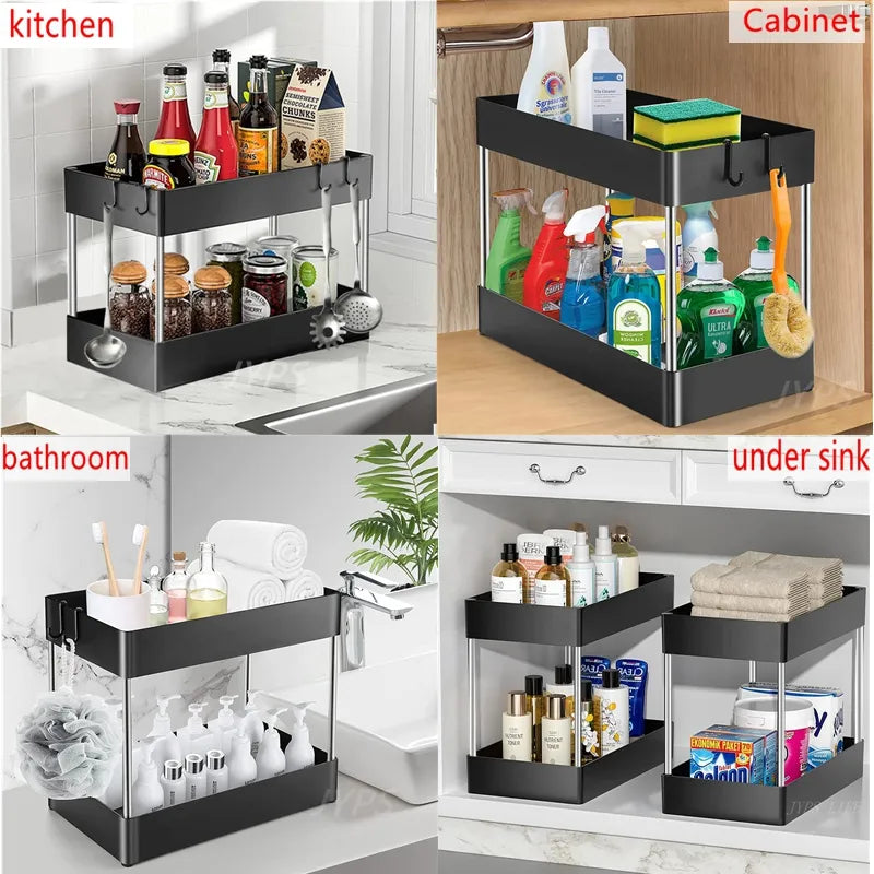 1/2 Pcs 2 Tier Drawer Multipurpose Rack Cabinet Under Sink Storage Rack Bathroom Kitchen Organizer