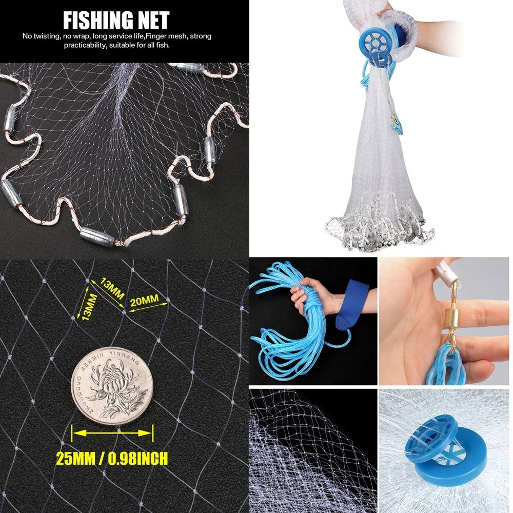 American Saltwater Fishing Cast Net 3ft Radius with Heavy Duty Zinc Sinker & Aluminum Disc For Bait Fish with Fish Shrimp Basket