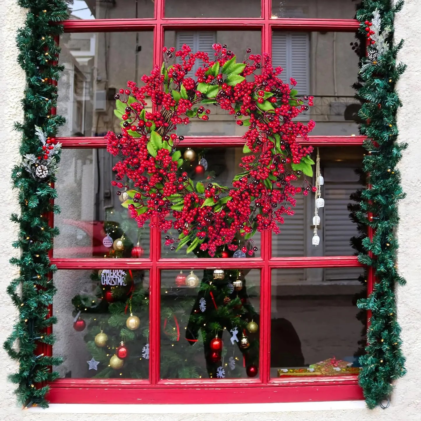 Yannew Christmas Red Berry Wreath for Front Door Outside Home Wall Decor