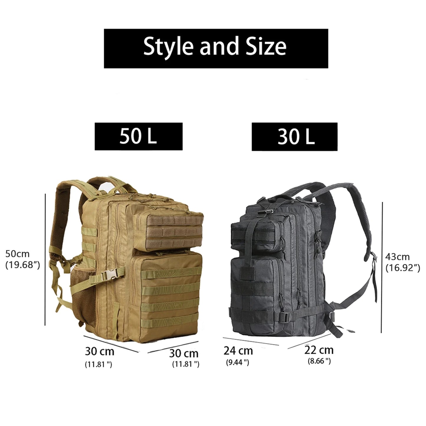 Lawaia Tactical Backpacks 30L/50L Outdoor Rucksacks Camping Hiking Trekking Fishing Hunting Bag with Bottle Holder