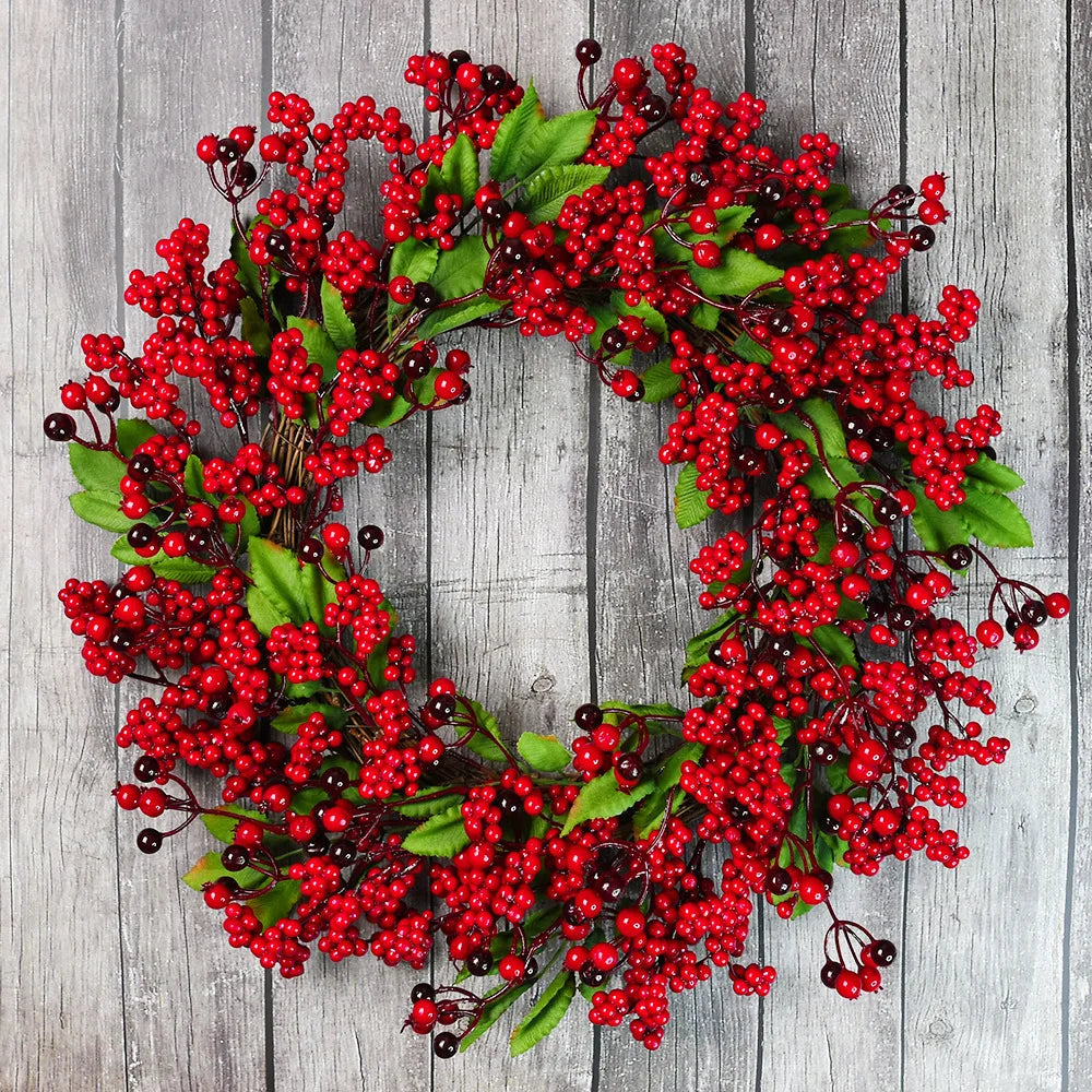 Yannew Christmas Red Berry Wreath for Front Door Outside Home Wall Decor