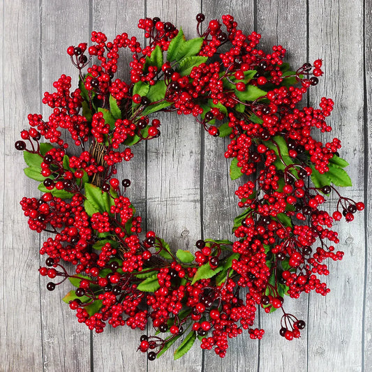 Yannew Christmas Red Berry Wreath for Front Door Outside Home Wall Decor