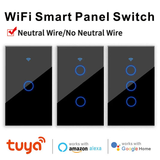 Tuya Wifi Smart Switch Neutral Wire/No Neutral Wire,  Smart Home Interruptor Light Switch US 1/2/3 Works for Alexa Google home