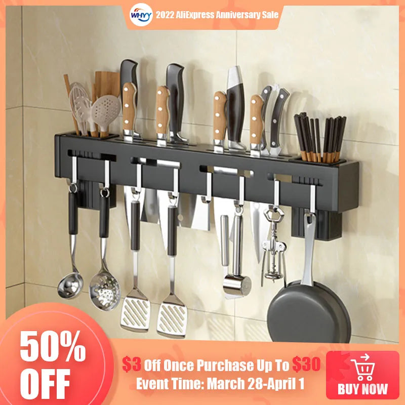 Wall Mounted Knife Holder Stainless Steel Rack Cutlery with Hook Kitchen Cabinet Organizer