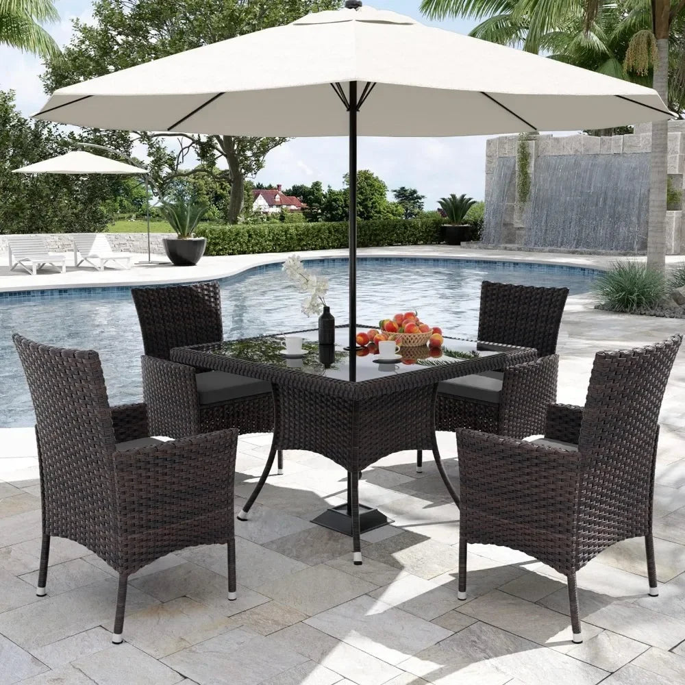 Wicker Rattan Patio Furniture Set of 8 Chairs With Soft Cushions and 2 Square Tables With Umbrella Cutout Grey Outdoor Chair