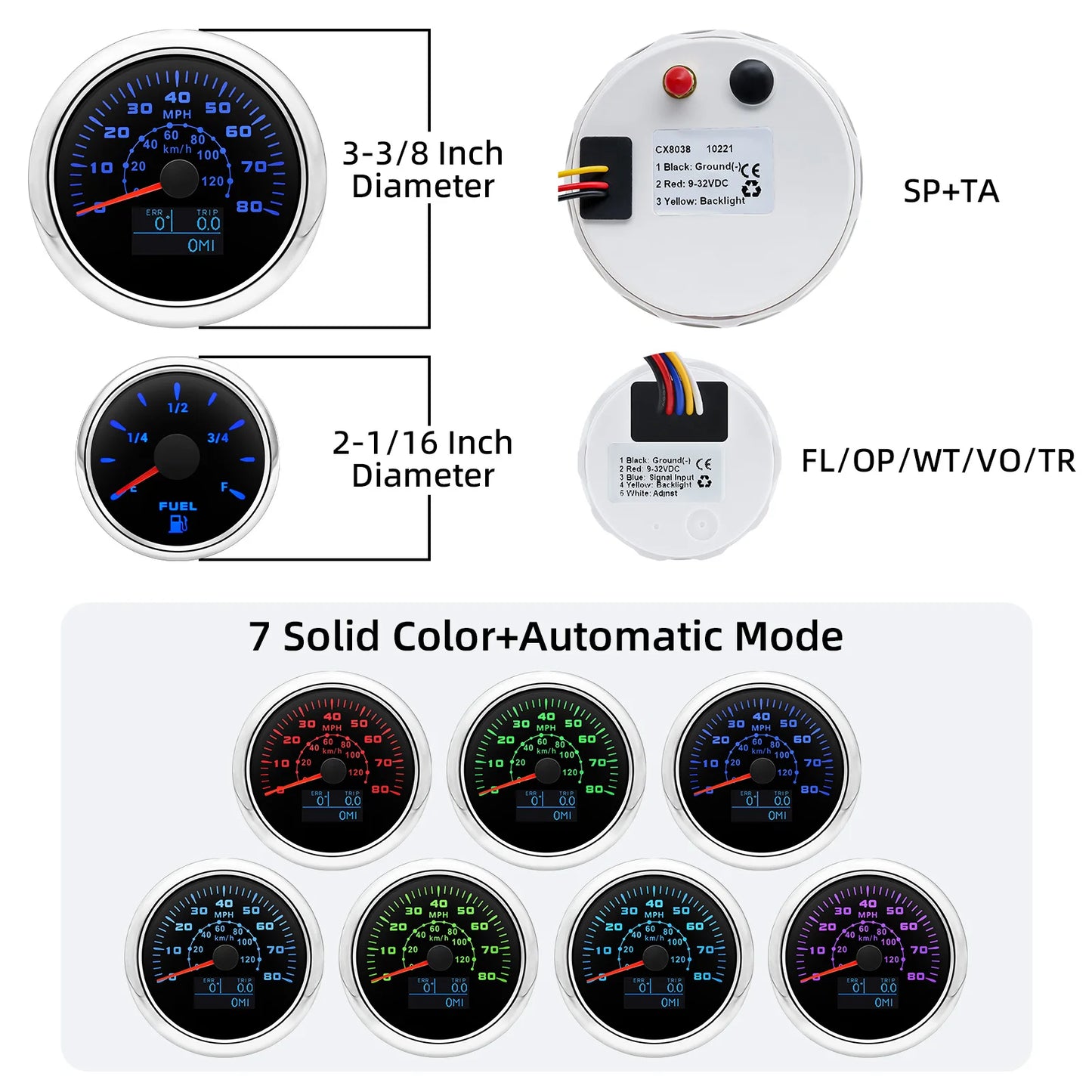 7 Gauge Set with Senders 85mm GPS Speedometer 0-80MPH Tachometer Water Temp Oil Pressure Fuel Voltmeter Trim Gauge for Boat Car